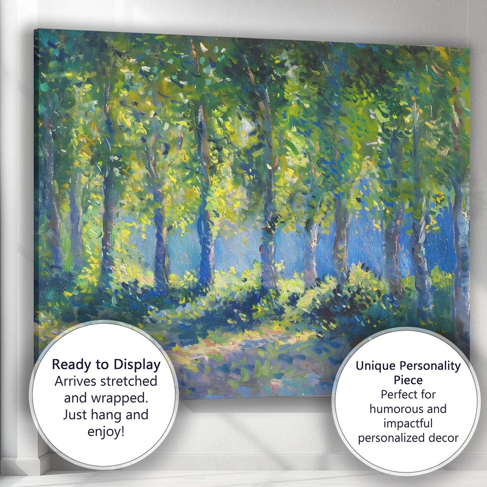 Sunlit Green Forest Woodland Landscape Impressionist Nature Canvas Wall Art Print Decor Picture Ready to Hang