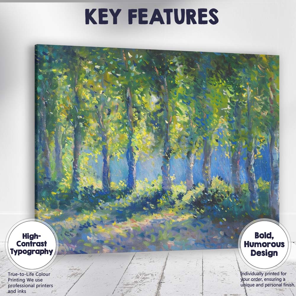 Sunlit Green Forest Woodland Landscape Impressionist Nature Canvas Wall Art Print Decor Picture Ready to Hang