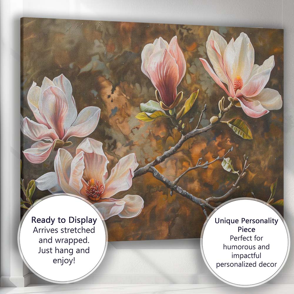 Elegant White Pink Magnolia Flowering Branch Botanical Painting Canvas Wall Art Print Decor Picture Ready to Hang