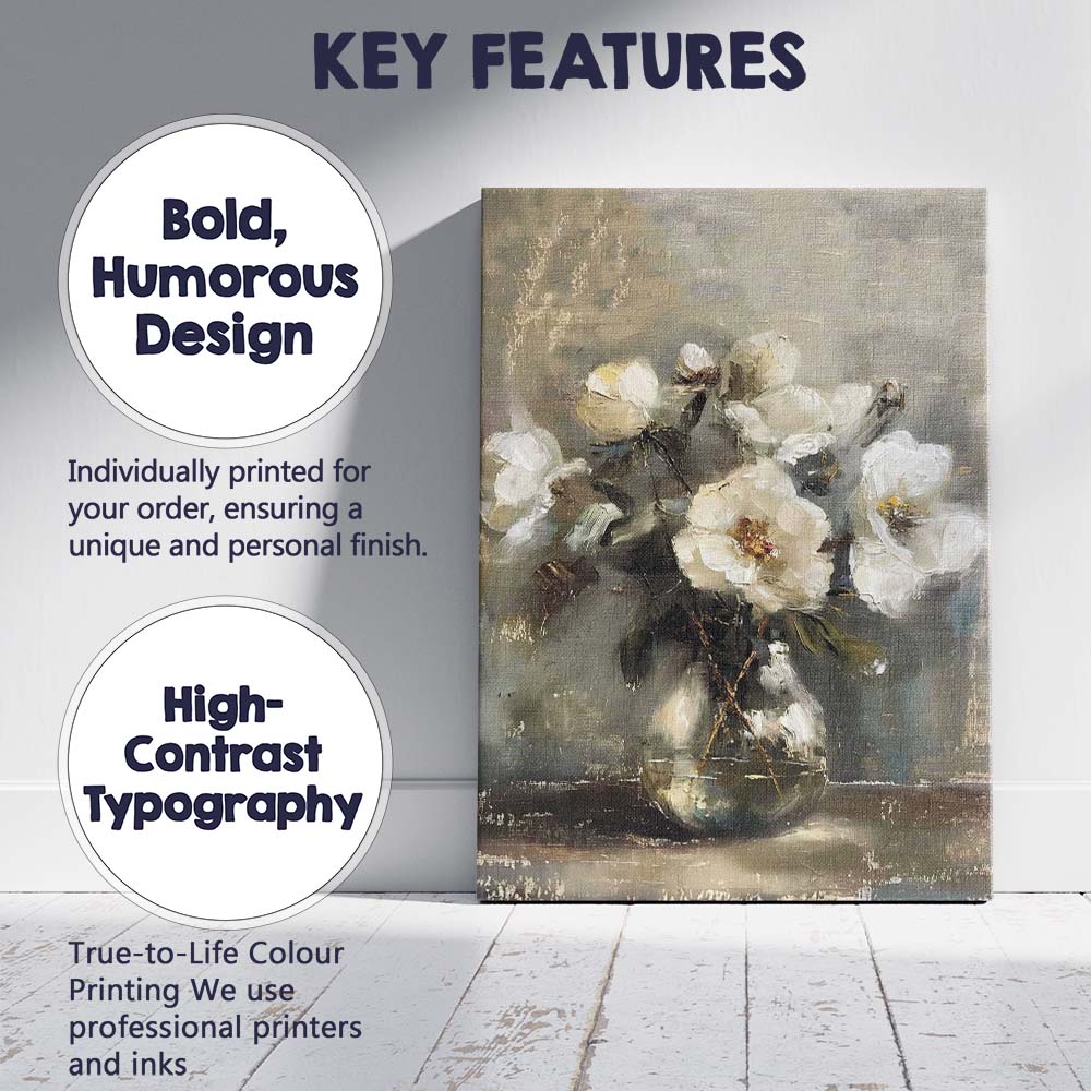 Neutral White Peony Bouquet Glass Vase Floral Still Life Canvas Wall Art Print Decor Picture Ready to Hang