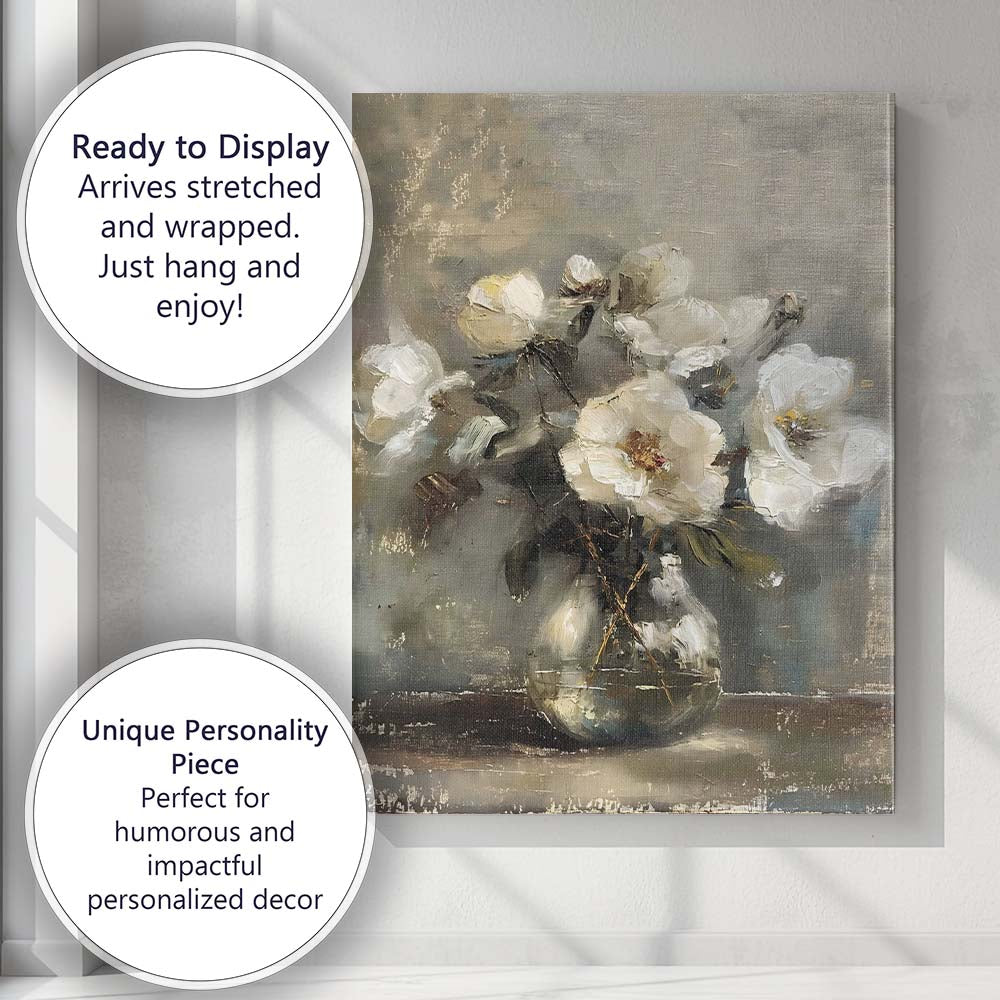 Neutral White Peony Bouquet Glass Vase Floral Still Life Canvas Wall Art Print Decor Picture Ready to Hang