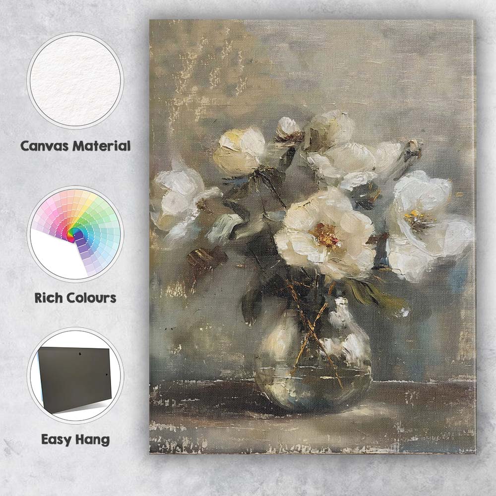 Neutral White Peony Bouquet Glass Vase Floral Still Life Canvas Wall Art Print Decor Picture Ready to Hang