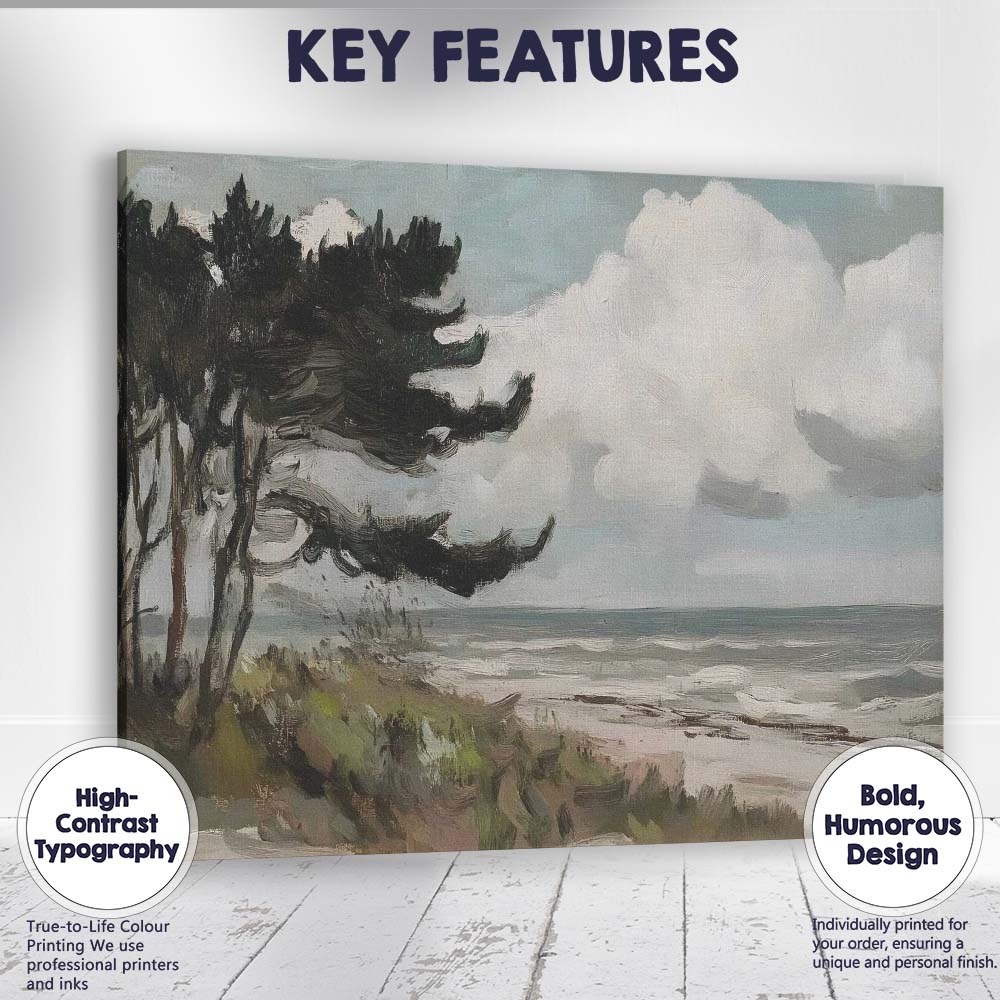 Impressionist Windswept Coastal Pine Trees Dramatic Beach Landscape Canvas Wall Art Print Decor Picture Ready to Hang