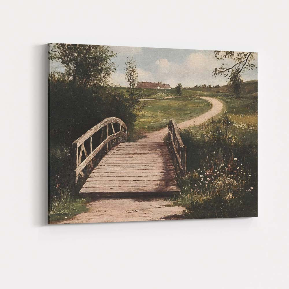Rustic Wooden Footbridge Country Lane Pastoral Landscape Canvas Wall Art Print Decor Picture Ready to Hang