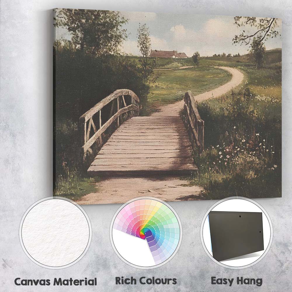 Rustic Wooden Footbridge Country Lane Pastoral Landscape Canvas Wall Art Print Decor Picture Ready to Hang
