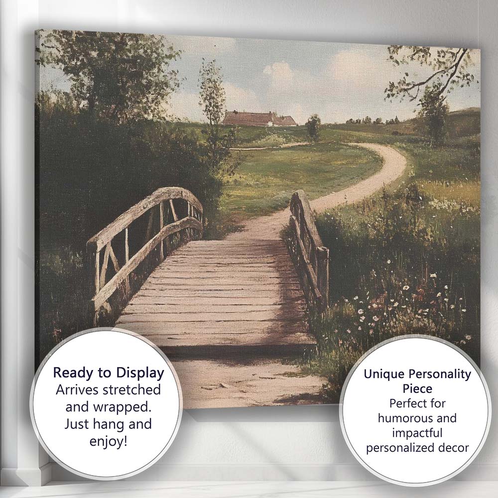 Rustic Wooden Footbridge Country Lane Pastoral Landscape Canvas Wall Art Print Decor Picture Ready to Hang