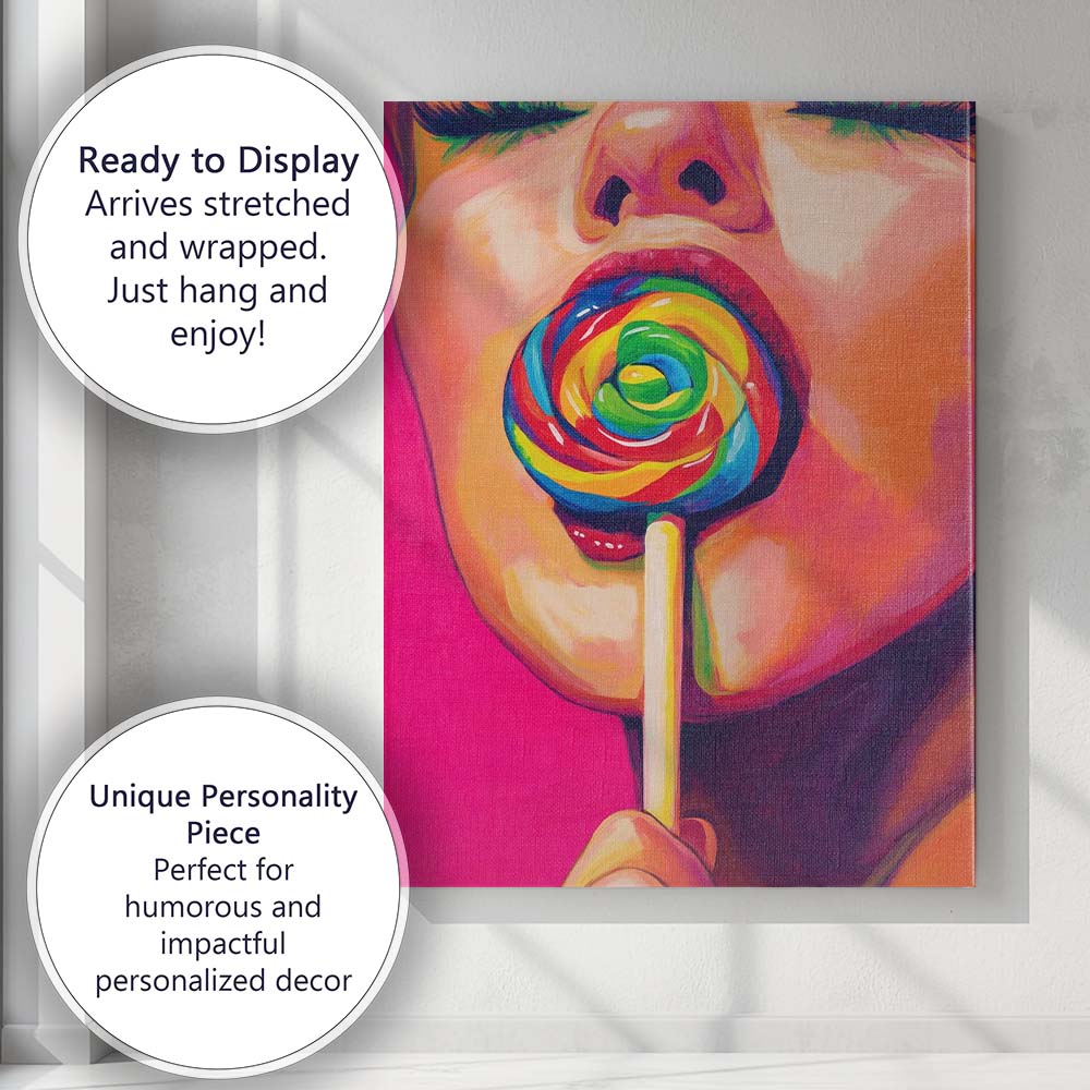 Colourful Pop Art Woman With Rainbow Lollipop Portrait Canvas Wall Art Print Decor Picture Ready to Hang