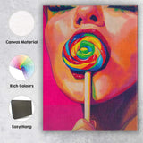 Colourful Pop Art Woman With Rainbow Lollipop Portrait Canvas Wall Art Print Decor Picture Ready to Hang