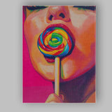 Colourful Pop Art Woman With Rainbow Lollipop Portrait Canvas Wall Art Print Decor Picture Ready to Hang