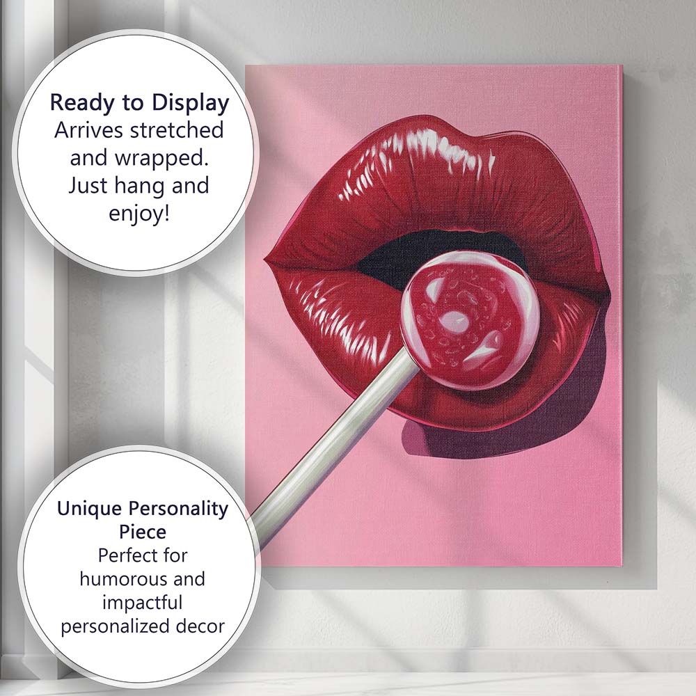 Modern Glossy Red Lips Lollipop Pop Art Portrait Canvas Wall Art Print Decor Picture Ready to Hang