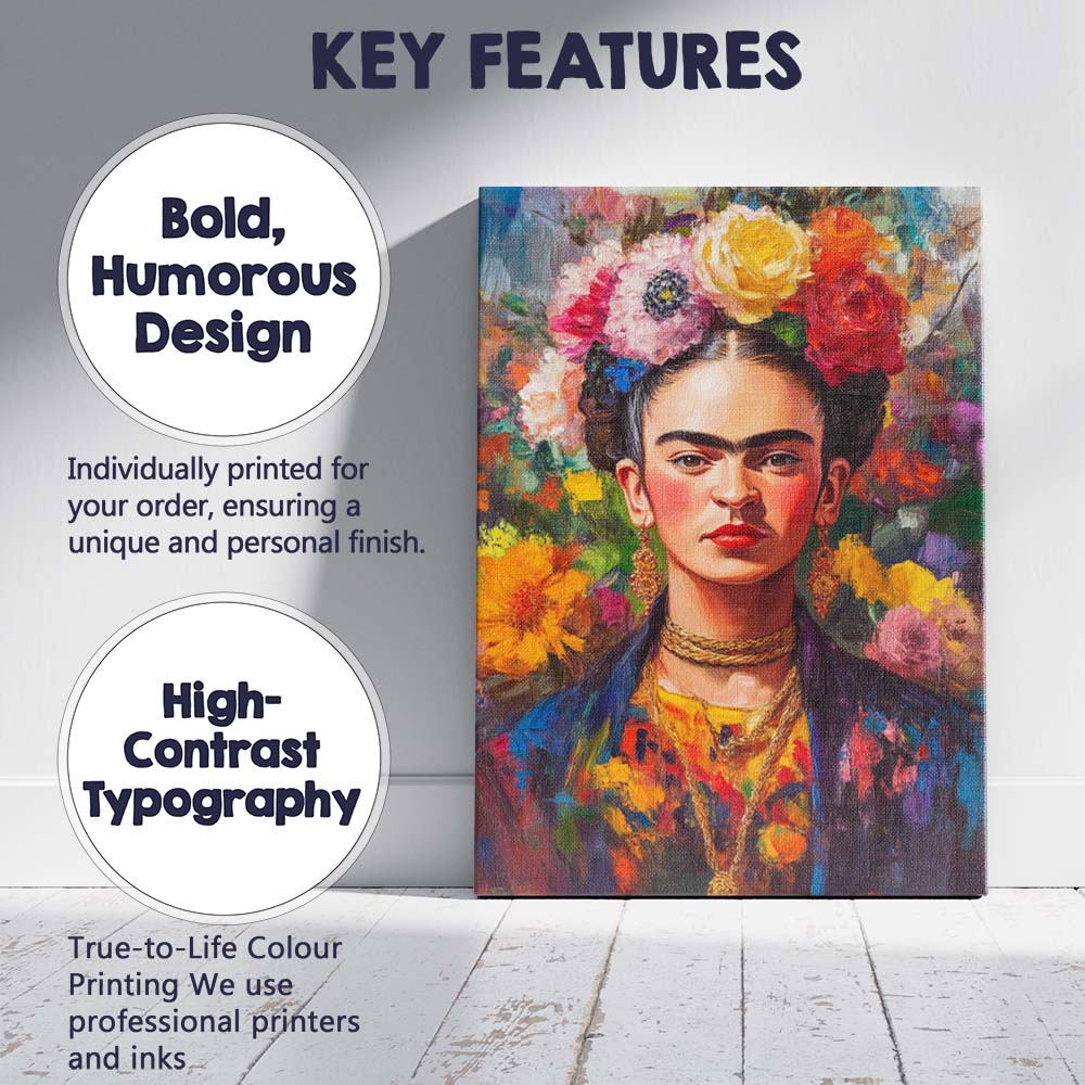 Vibrant Frida Kahlo Inspired Floral Portrait Expressionist Canvas Wall Art Print Decor Picture Ready to Hang