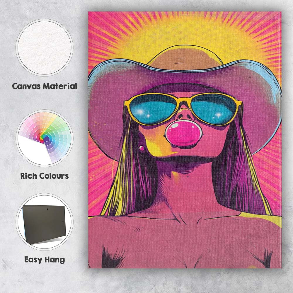 Retro Pop Art Woman Bubblegum Sunglasses Summer Portrait Canvas Wall Art Print Decor Picture Ready to Hang