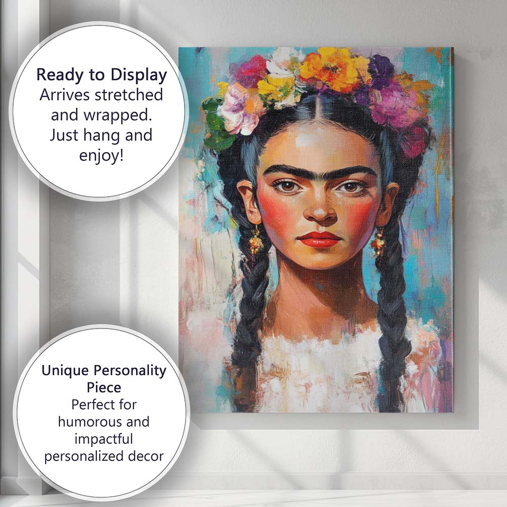 Contemporary Frida Kahlo Inspired Braided Hair Portrait Canvas Wall Art Print Decor Picture Ready to Hang