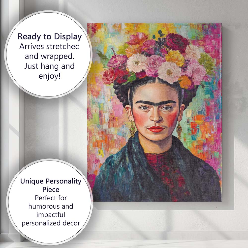 Bold Frida Kahlo Inspired Floral Crown Portrait Canvas Wall Art Print Decor Picture Ready to Hang