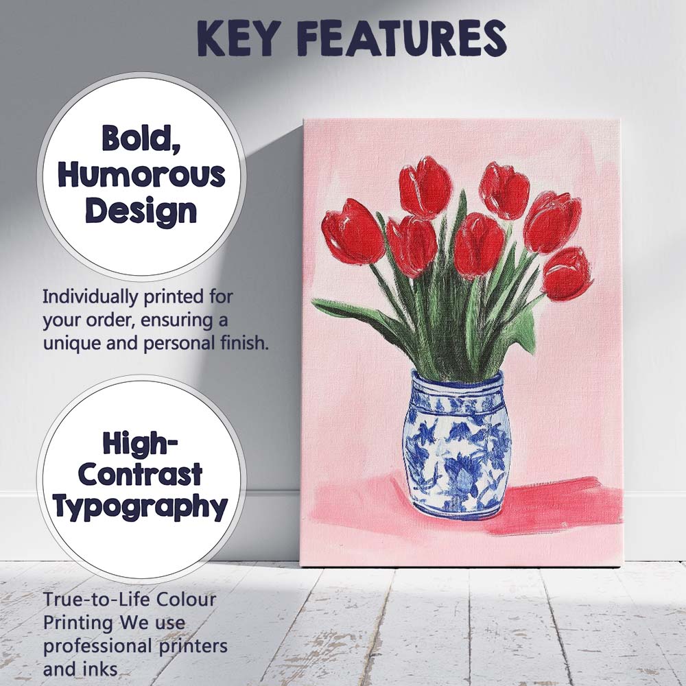 Red Tulip Bouquet Blue White Ceramic Vase Still Life Canvas Wall Art Print Decor Picture Ready to Hang