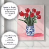 Red Tulip Bouquet Blue White Ceramic Vase Still Life Canvas Wall Art Print Decor Picture Ready to Hang