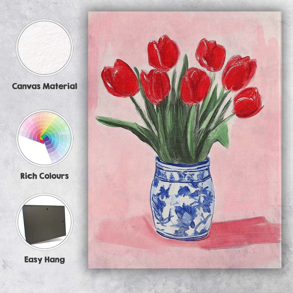 Red Tulip Bouquet Blue White Ceramic Vase Still Life Canvas Wall Art Print Decor Picture Ready to Hang