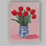 Red Tulip Bouquet Blue White Ceramic Vase Still Life Canvas Wall Art Print Decor Picture Ready to Hang