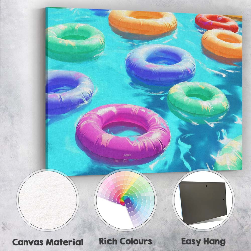 Colourful Summer Pool Inflatable Rings Tropical Water Canvas Wall Art Print Decor Picture Ready to Hang