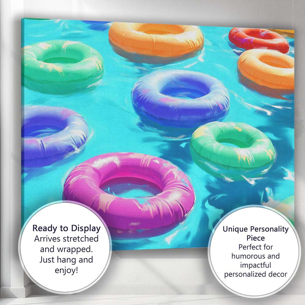 Colourful Summer Pool Inflatable Rings Tropical Water Canvas Wall Art Print Decor Picture Ready to Hang