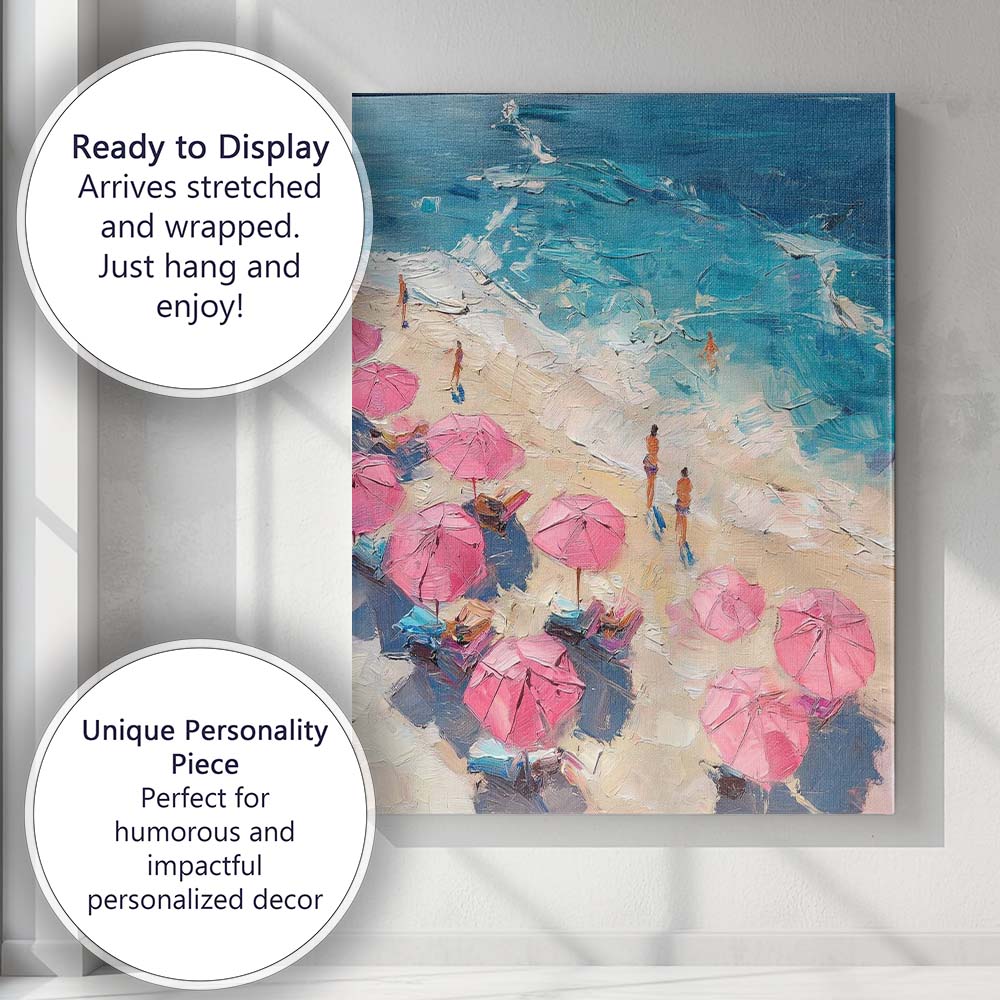 Summer Beach Pink Umbrella Coastal Impressionist Canvas Wall Art Print Decor Picture Ready to Hang