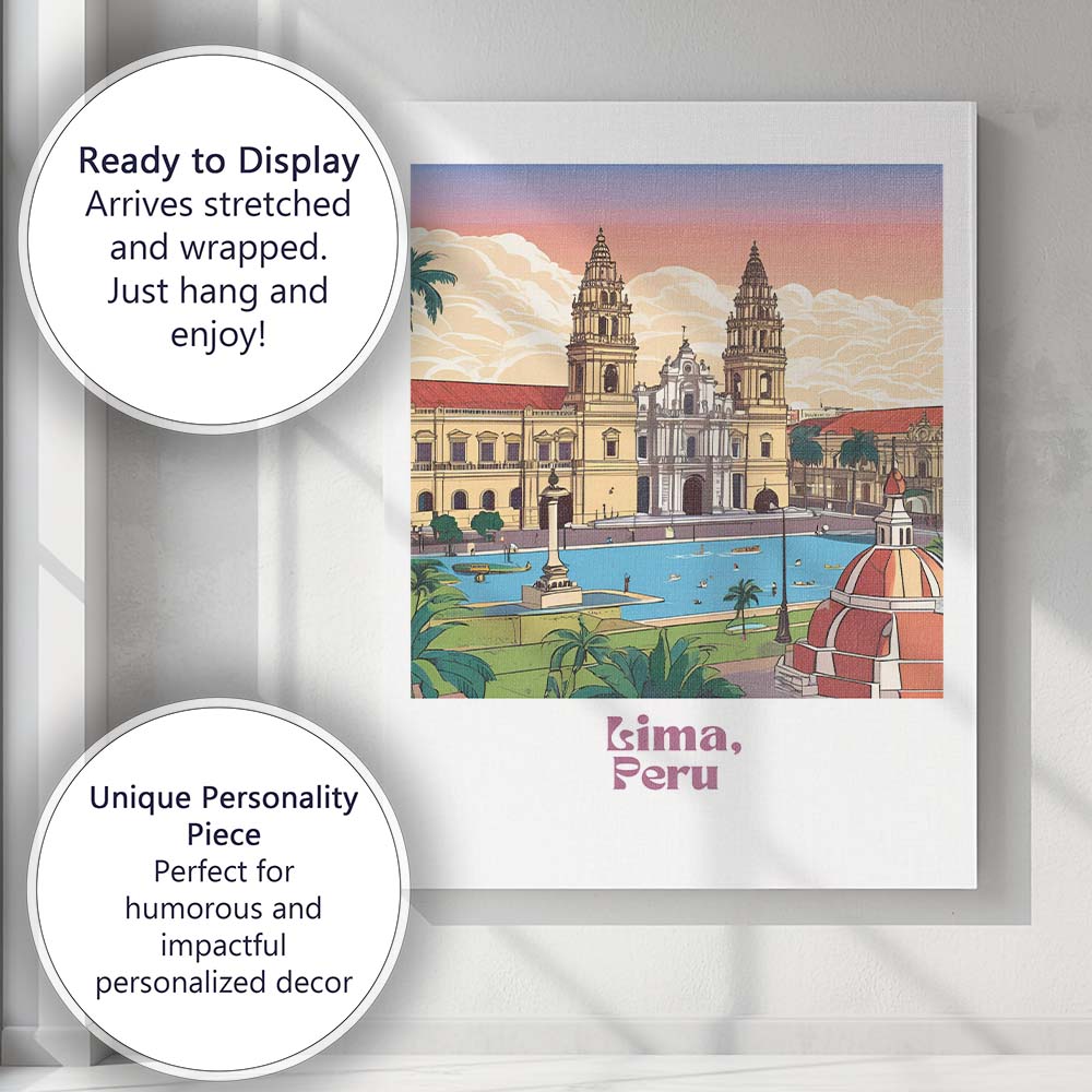 Lima Historic Cathedral Plaza Travel Poster Illustration Canvas Wall Art Print Decor Picture Ready to Hang
