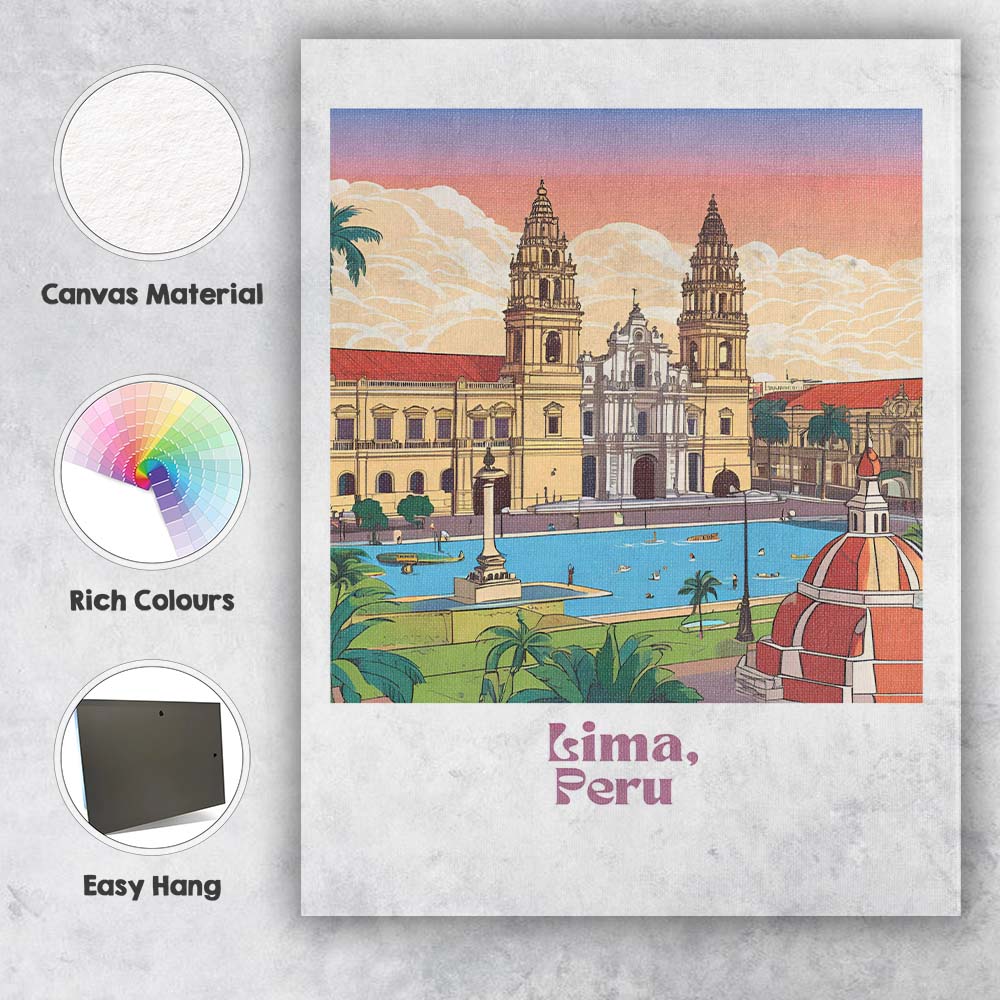 Lima Historic Cathedral Plaza Travel Poster Illustration Canvas Wall Art Print Decor Picture Ready to Hang