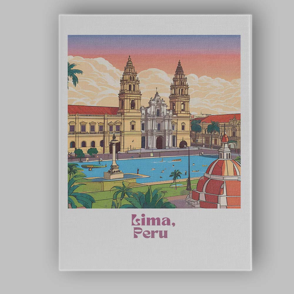Lima Historic Cathedral Plaza Travel Poster Illustration Canvas Wall Art Print Decor Picture Ready to Hang