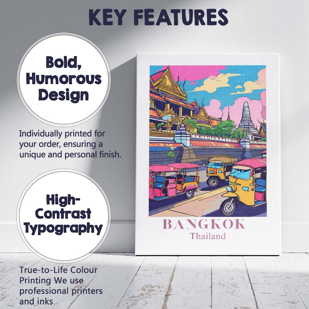 Bangkok Grand Palace Tuk Tuk Street Travel Poster Canvas Wall Art Print Decor Picture Ready to Hang