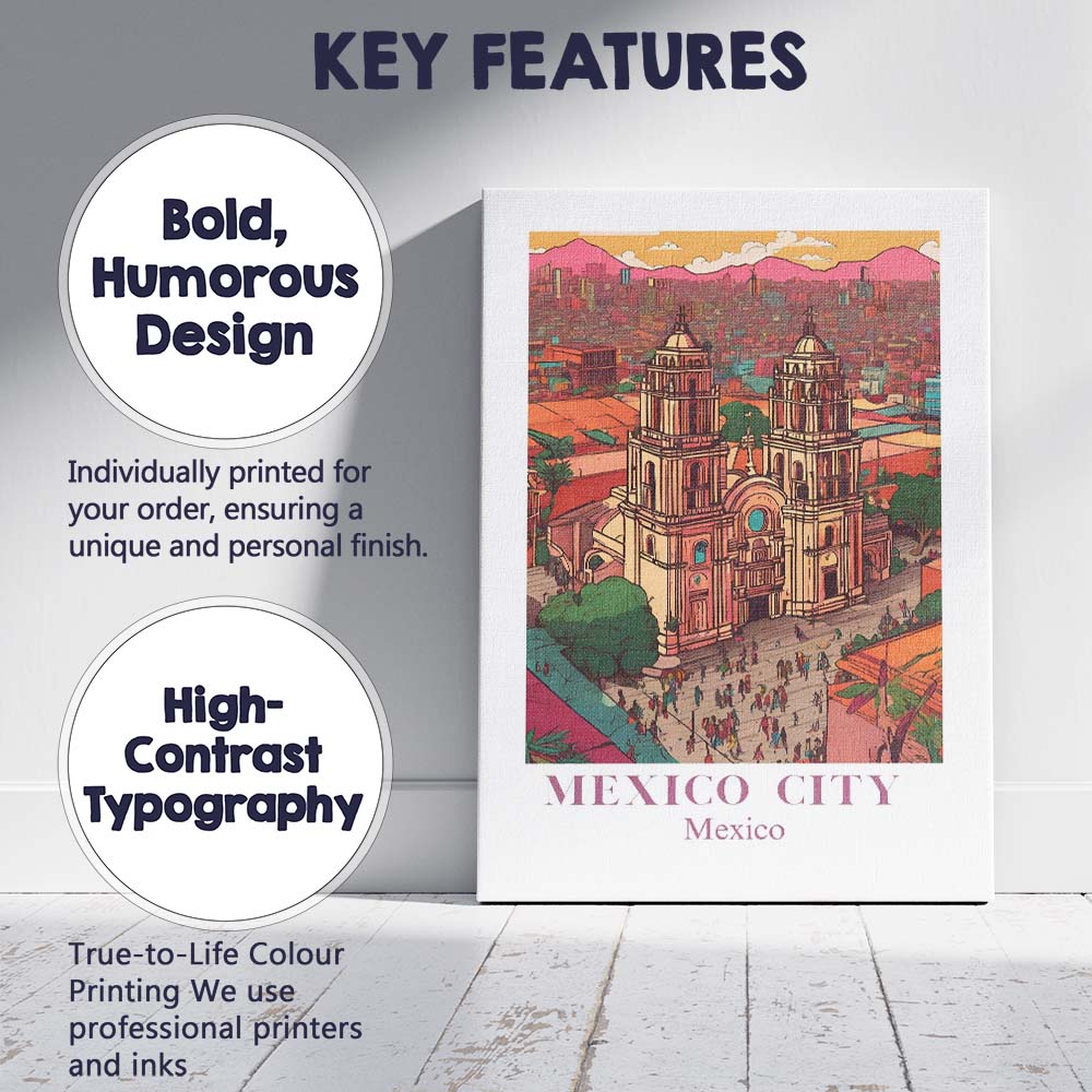 Mexico City Metropolitan Cathedral Skyline Travel Poster Canvas Wall Art Print Decor Picture Ready to Hang