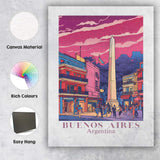 Buenos Aires Obelisk City Street Evening Travel Poster Canvas Wall Art Print Decor Picture Ready to Hang