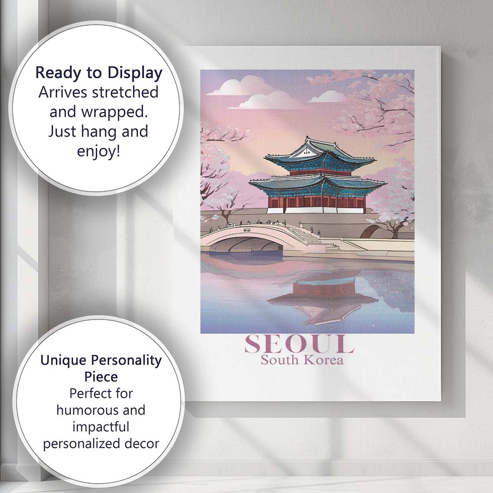 Seoul Cherry Blossom Palace Reflection Travel Poster Canvas Wall Art Print Decor Picture Ready to Hang