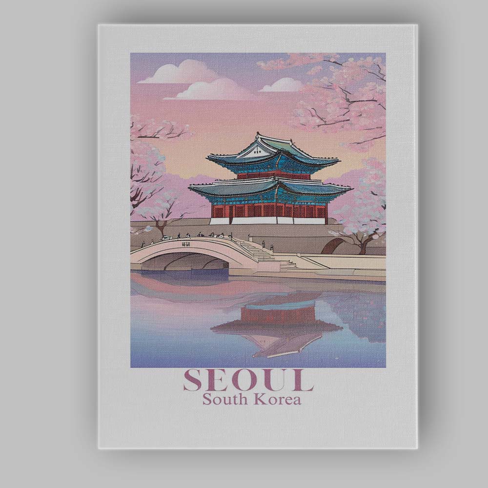Seoul Cherry Blossom Palace Reflection Travel Poster Canvas Wall Art Print Decor Picture Ready to Hang