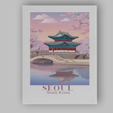 Seoul Cherry Blossom Palace Reflection Travel Poster Canvas Wall Art Print Decor Picture Ready to Hang