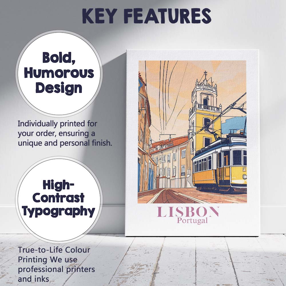 Lisbon Yellow Tram Historic Street Travel Poster Canvas Wall Art Print Decor Picture Ready to Hang