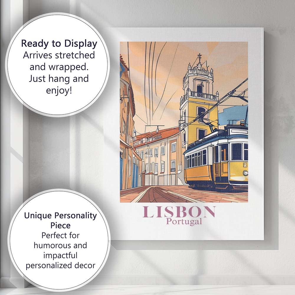 Lisbon Yellow Tram Historic Street Travel Poster Canvas Wall Art Print Decor Picture Ready to Hang