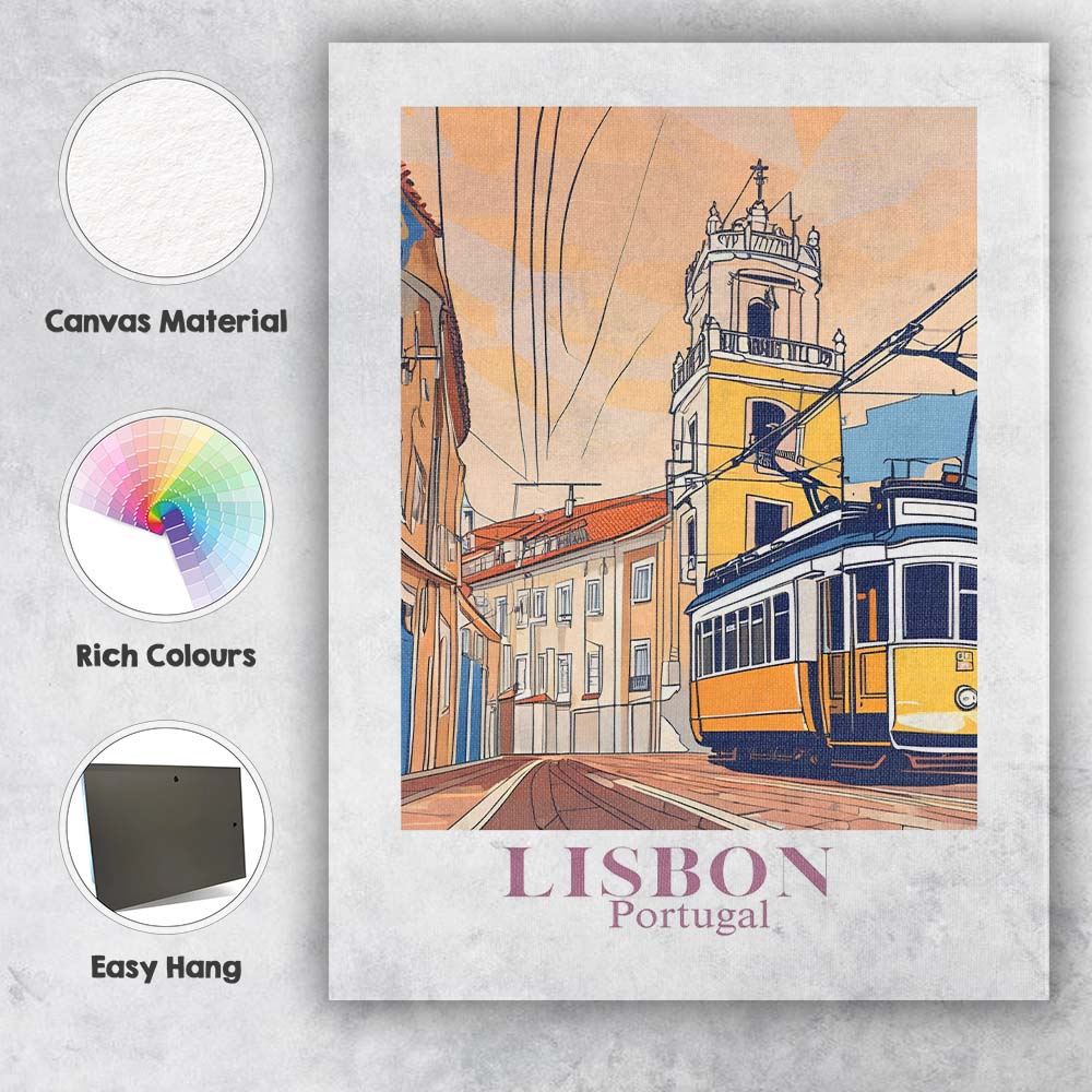Lisbon Yellow Tram Historic Street Travel Poster Canvas Wall Art Print Decor Picture Ready to Hang