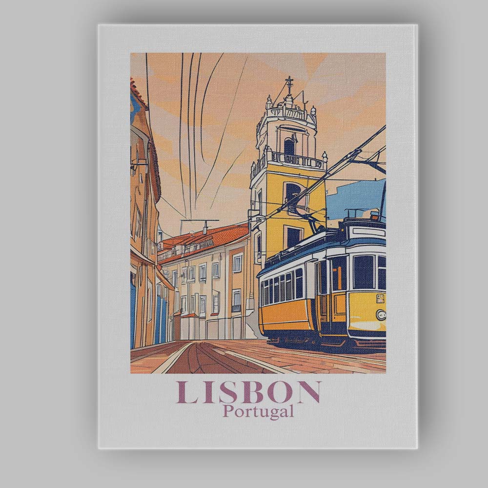 Lisbon Yellow Tram Historic Street Travel Poster Canvas Wall Art Print Decor Picture Ready to Hang