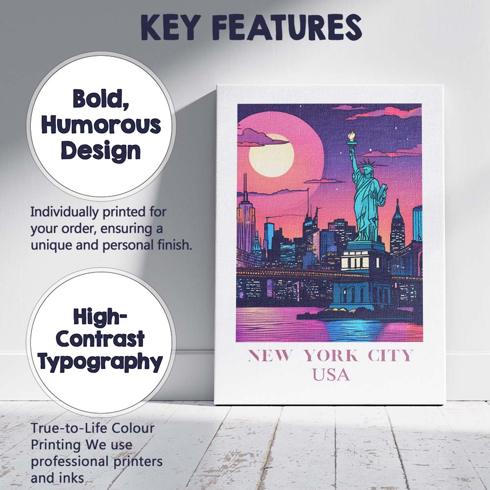 New York City Statue of Liberty Night Skyline Travel Poster Canvas Wall Art Print Decor Picture Ready to Hang