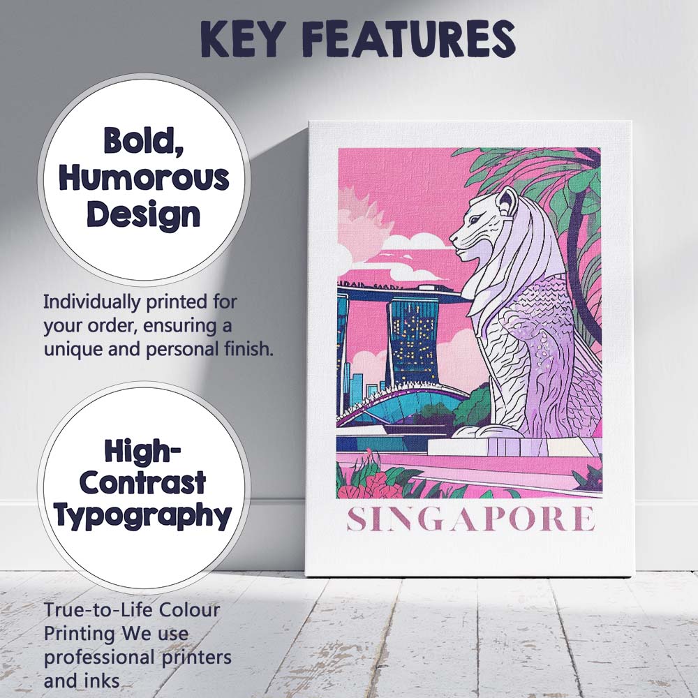 Singapore Merlion Marina Bay Skyline Travel Poster Canvas Wall Art Print Decor Picture Ready to Hang