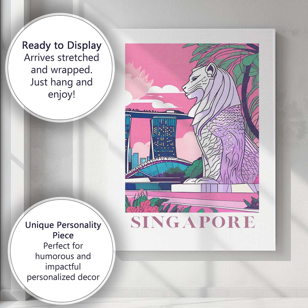 Singapore Merlion Marina Bay Skyline Travel Poster Canvas Wall Art Print Decor Picture Ready to Hang