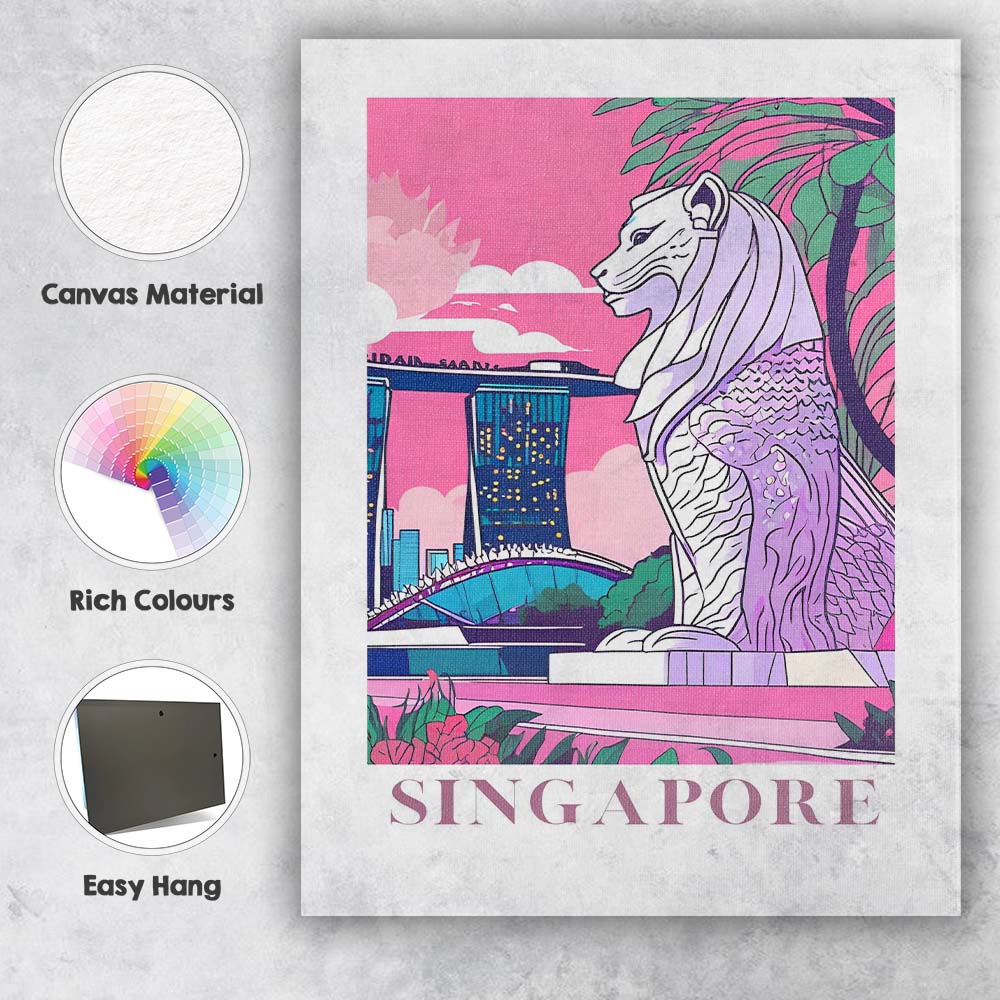 Singapore Merlion Marina Bay Skyline Travel Poster Canvas Wall Art Print Decor Picture Ready to Hang