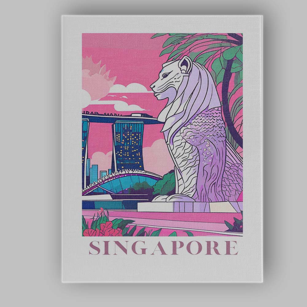 Singapore Merlion Marina Bay Skyline Travel Poster Canvas Wall Art Print Decor Picture Ready to Hang