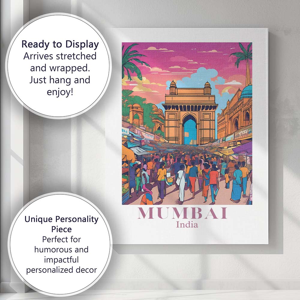 Mumbai Gateway Of India Bustling Market Travel Poster Canvas Wall Art Print Decor Picture Ready to Hang