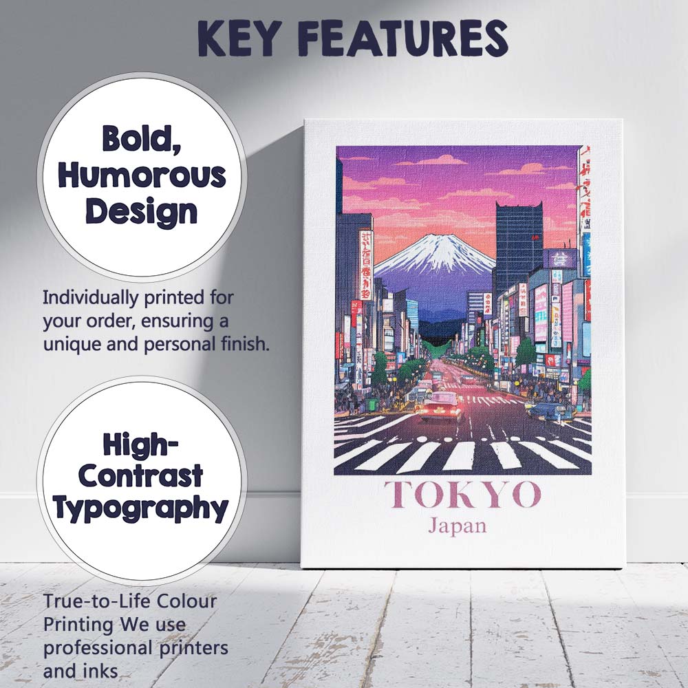 Tokyo Mount Fuji Neon City Skyline Travel Poster Canvas Wall Art Print Decor Picture Ready to Hang