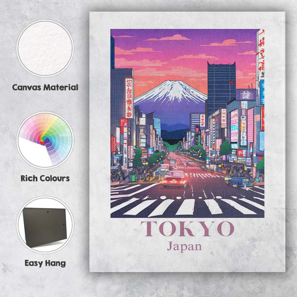 Tokyo Mount Fuji Neon City Skyline Travel Poster Canvas Wall Art Print Decor Picture Ready to Hang