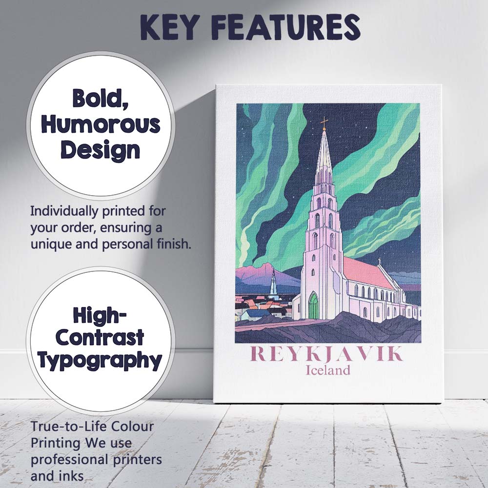 Reykjavik Hallgrimskirkja Northern Lights Night Travel Poster Canvas Wall Art Print Decor Picture Ready to Hang