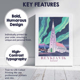 Reykjavik Hallgrimskirkja Northern Lights Night Travel Poster Canvas Wall Art Print Decor Picture Ready to Hang