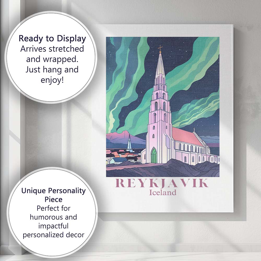 Reykjavik Hallgrimskirkja Northern Lights Night Travel Poster Canvas Wall Art Print Decor Picture Ready to Hang