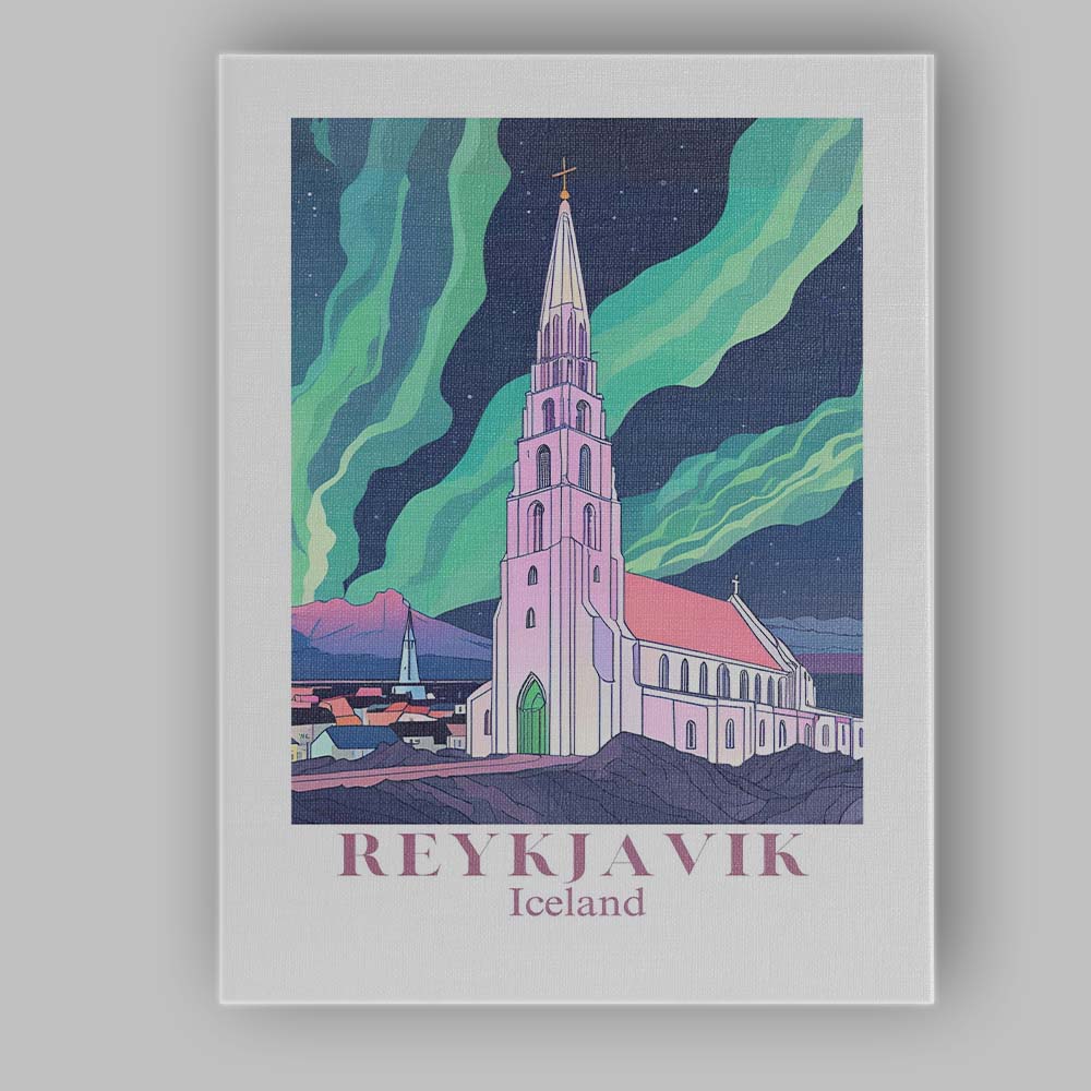 Reykjavik Hallgrimskirkja Northern Lights Night Travel Poster Canvas Wall Art Print Decor Picture Ready to Hang